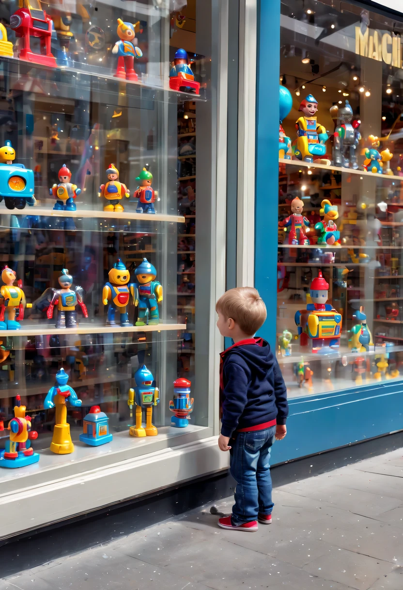 little boy standing on the street,little boy standing on the roadside,Little boy standing next to toy store window looking at toy store window,Crystal machine toys on display shelf in toy store,(Machine toys in the window:1.3)