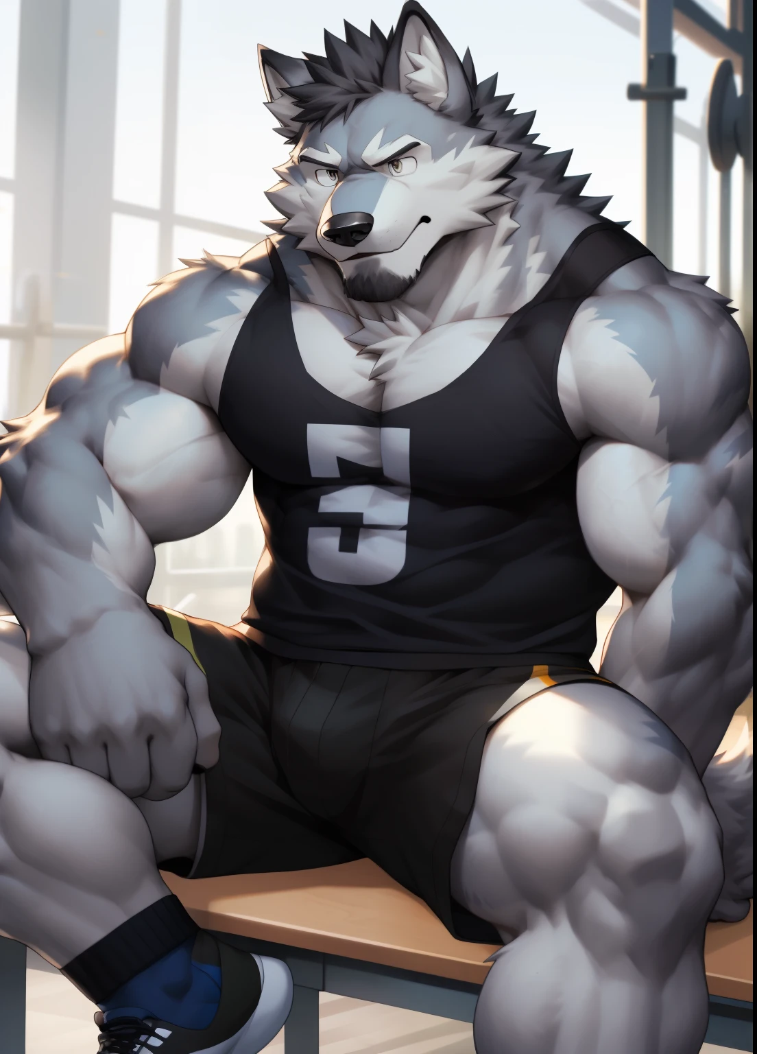 hairy，（（Wolf，Black tank top shorts，Nike white socks）），white fur，male，Common，（（极其lifelike阴影，masterpiece，Very detailed，lifelike）），
（（Cat）），Physical man，dynamic poses（（Sit cross-legged）），Gym