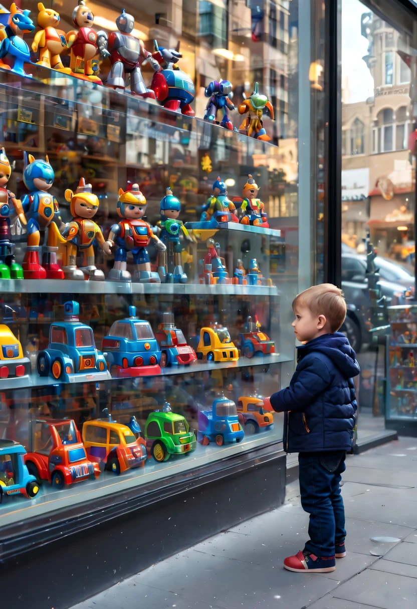 standing on the street,little boyon the roadside,Little boy standing y store window looking at toy store window,Crystal machine toys on display shelf in toy store,(Machine toys in the window:1.3)
