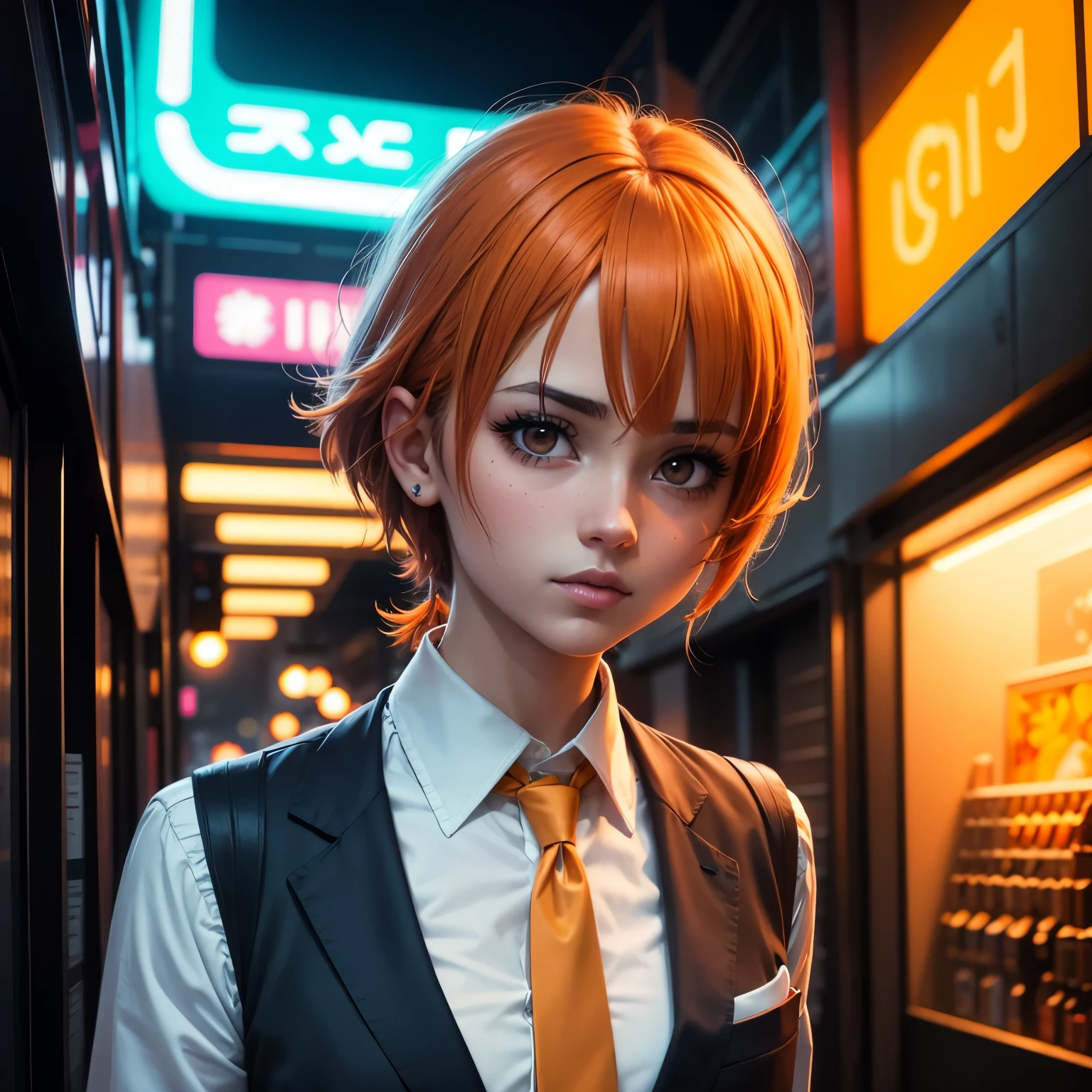 chica anime, cabello naranja corto hasta los hombros, mirada triste, atmosphere with neon lights, con camisa y corbata