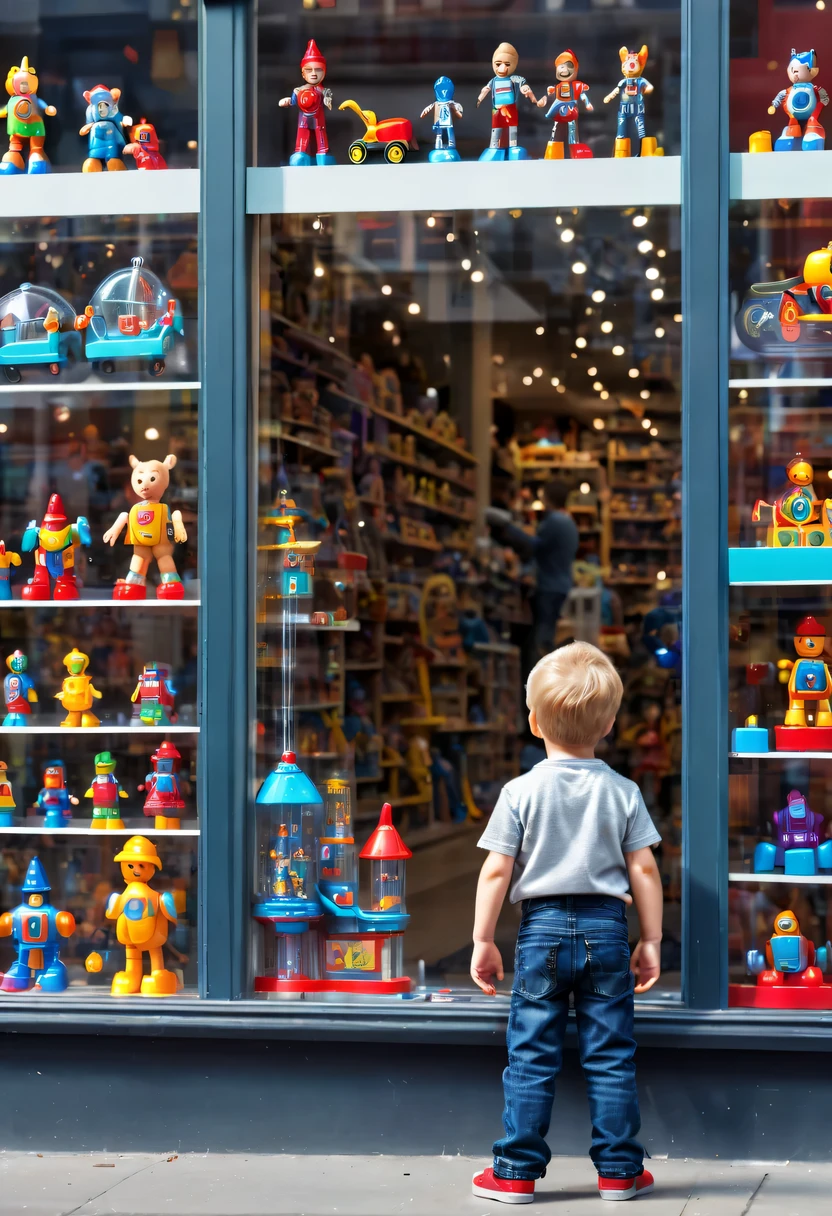 little boy standing on the street，little boy standing on the roadside，Little boy standing next to toy store window looking at toy store window，Crystal machine toys on display shelf in toy store,(Machine toys in the window:1.3)