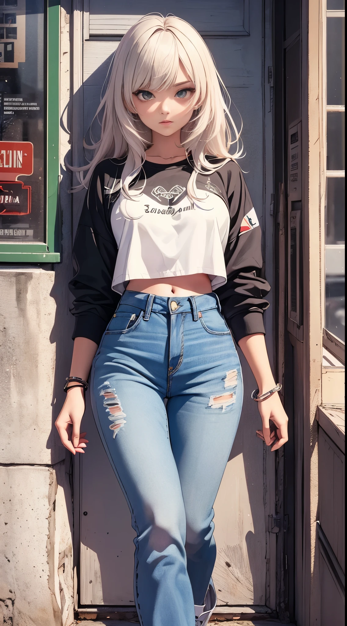 masterpiece, best quality, Super detailed, official art, 8k wallpaper, A super beautiful girl,(high waisted jeans, crop top, ankle boots),(Gradients of hair),(1980ig《Bright Eyes》old comic style,Cool feeling,Retro Style,Low saturation color texture,front