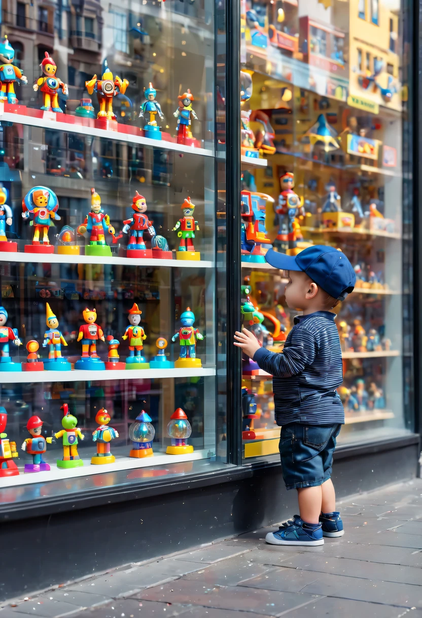  boy standing on the street，littletanding on the roadside，Little boy sg next to toy store window looking at toy store window，Crystal machine toys on display shelf in toy store,(Machine toys in the window:1.3)