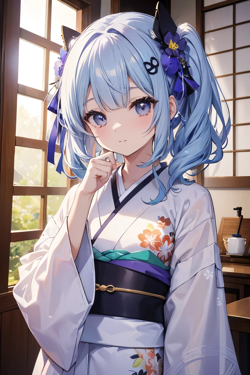 ((4k、8k、de primera calidad、Dedo perfecto:1.perfect anatomy:1.3、Desenfocar el fondo))、(chica robot:1.3)、girl 21 years old 、((leotardo de mucama kimono、sixteen years、una hermosa chica delgada、una cara de bebe、pelo largo y liso:1.1))、(beautiful big droopy eyes)、ojos cerrados sonrie、pantalla de cuerpo completo、(Soy)、Medias,Japanese style cafe