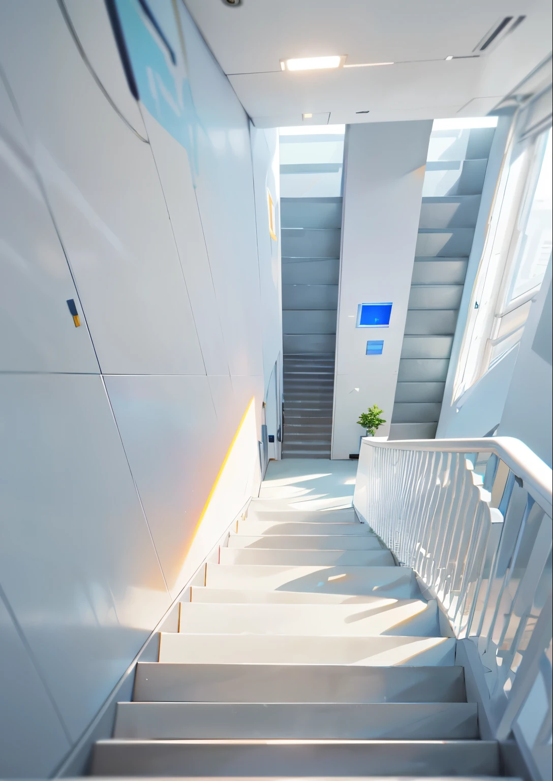 there a stairway leading up to a building a close up of a leading stairs in a university, in the style of futuristic design ,contemporary design ,futuristic décor, stairs in white color , realistic