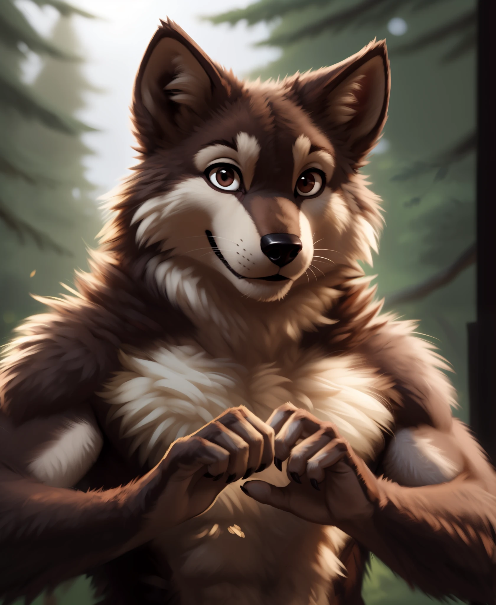 by kenket, by totesfleisch8, (by thebigslick, by silverfox5213:0.8), (by syuro:0.2),, brutus-twokinds, twokids, (best quality, masterpiece:1), solo, furry male anthro, dark brown eyes, light brown fur, dark brown fur, two tone brown body ,portrait, fingers, finger claws, looking at viewer, wolf tail, strong, (outdoors dark forest trees blurry blurred background:1.1),