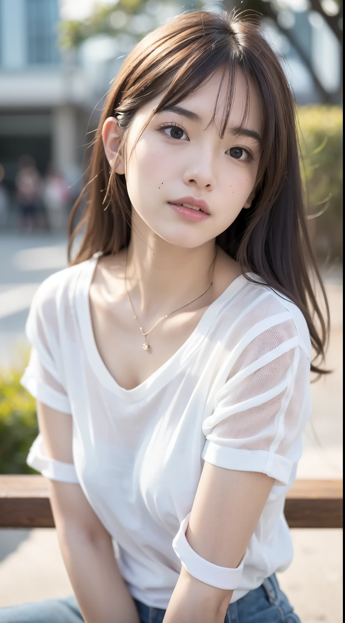 highest quality、Ultra-high resolution、(Realistic)、18-year-old girl、((((Blouse open))))、((((I can see your nipples)))),Hyper Detail、Super Realistic、(Photorealistic)、More about beautiful skin、(masterpiece:1.0)、(highest quality)、(Ultra-high resolution)、8K resolution、Canon EOS R5、135mm、Absurd、Very detailed、Sharp focus、Fine skin、(((Chirarizum、Small breasts, From the side)))