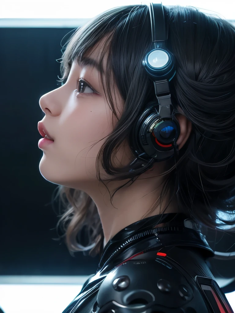 ((realistic)), ((best quality)), ((masterpiece)), (ultra details), 1girl, futuristic, cute face, k-pop idle IVE, short hair, curly hair, wearing パワードスーツ、mechanical, wearing futuristic clothing, in spaceship, looking away, science fiction, background cyber punk, background neon sign, steam punk, red nipples, yellow nipples, green nipples, (from side2), dynamic, Gorgeous,