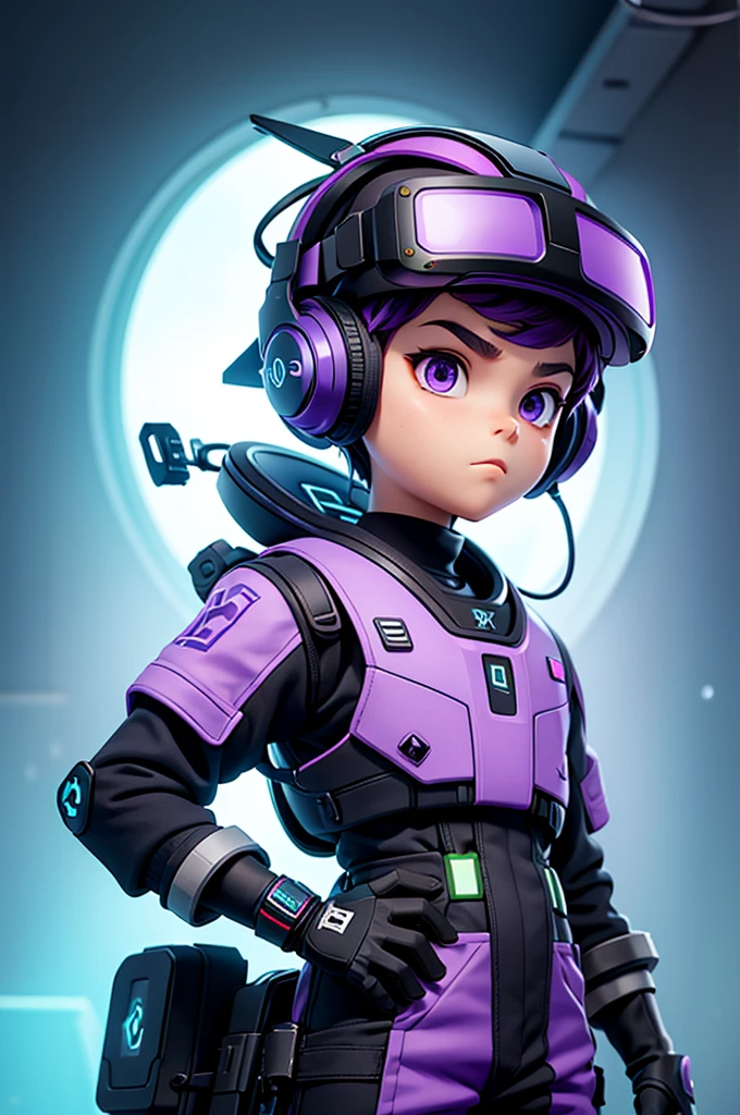 Sci fi boy wearnig VR gear, front view, purple, blue, green light, pixels around