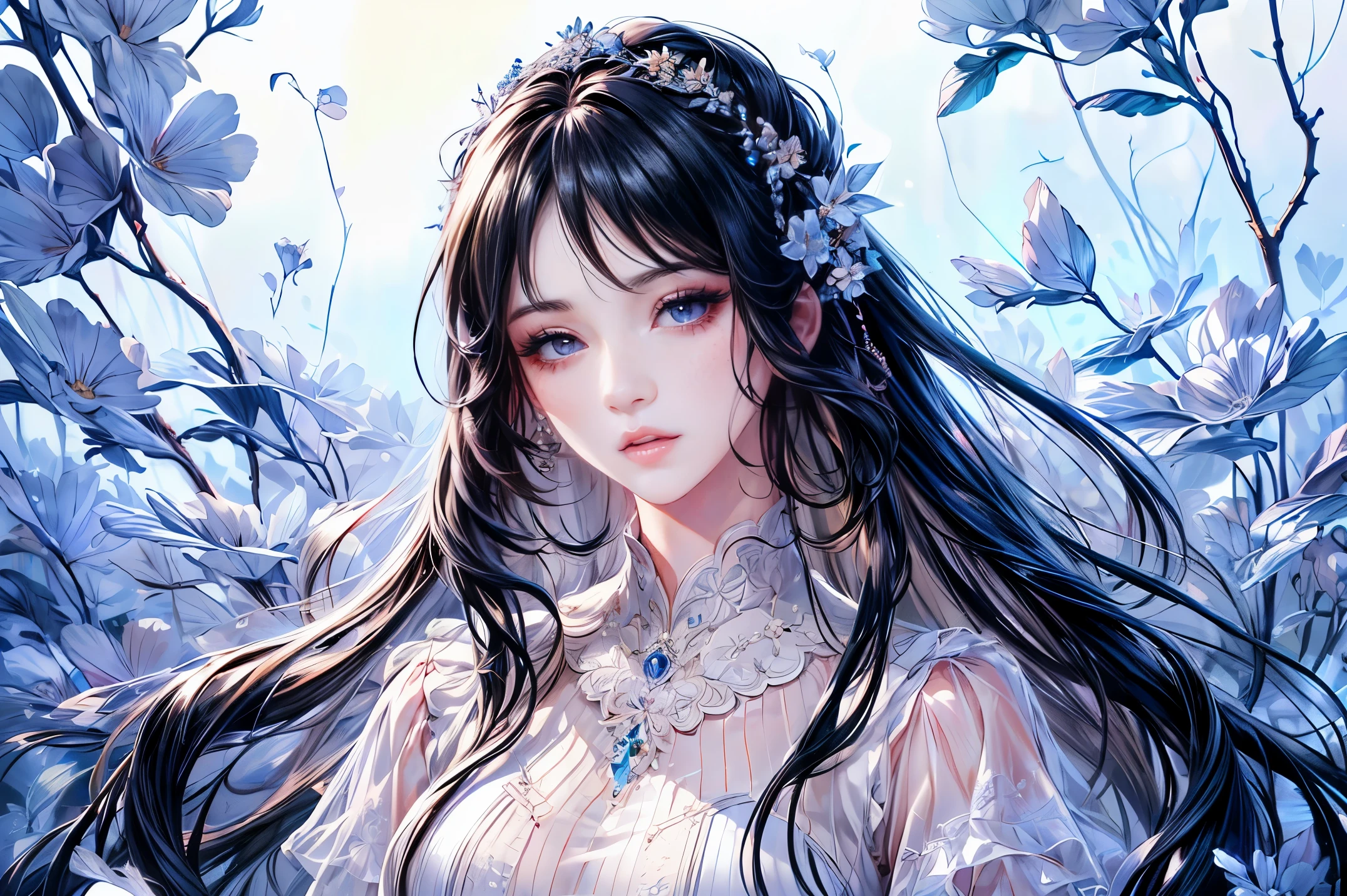 shoujo-style, (best quality, 8K, CG, detailed upper body, lonely girl, floral dress, forest background, detailed facial features, elegant black long hair, almond blue eyes, detailed eye makeup, long fluttering eyelashes, blinking eyes, twinkling stars, intricate lip details, soft and harmonious style)