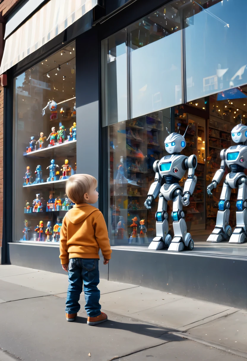 standing on the street,little boyon the roadside,Little boy standing y store window looking at toy store window,Crystal robot toy in toy store window