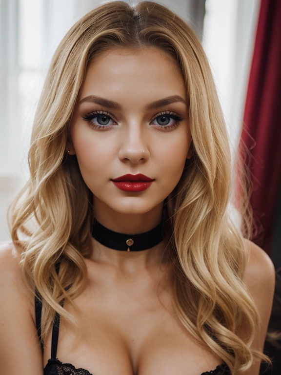 Slavic girl 26 years old, blonde hair, petite, slim, curly hair, stockings, dark red lips, close look straight into eyes, face only 