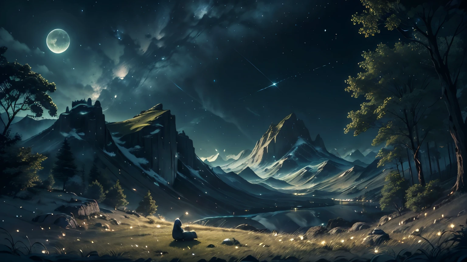 (best quality,4k,highres,masterpiece:1.2),ultra-detailed,realistic:1.37,landscape,beautiful peaceful hill,moonlit night,shimmering moonlight,tranquil atmosphere,serene ambiance,spectacular view,twinkling stars,warm summer breeze,majestic moon,dreamlike scenery,dark blue sky,soft moonlight illuminating the surroundings,faint glow of the moon,calm and stillness,peaceful solitude,soft grass gently swaying in the wind,softly chirping crickets,gentle rustling of leaves,magical tranquility,subtle shades of green on the hill,nighttime serenity