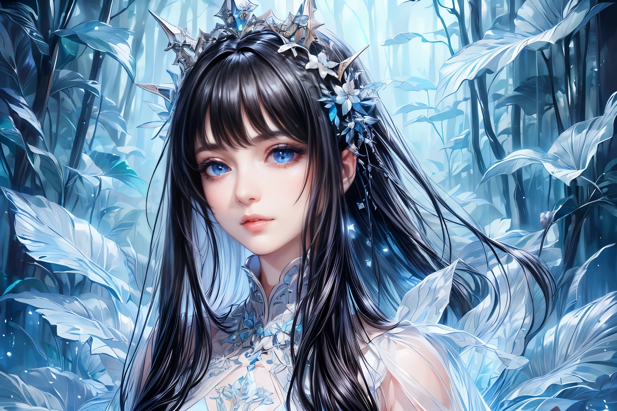 (best quality, 8K, CG, detailed upper body, lonely girl, floral dress, forest background, detailed facial features, elegant black long hair, almond blue eyes, detailed eye makeup, long fluttering eyelashes, blinking eyes, twinkling stars, intricate lip details, soft and harmonious style)