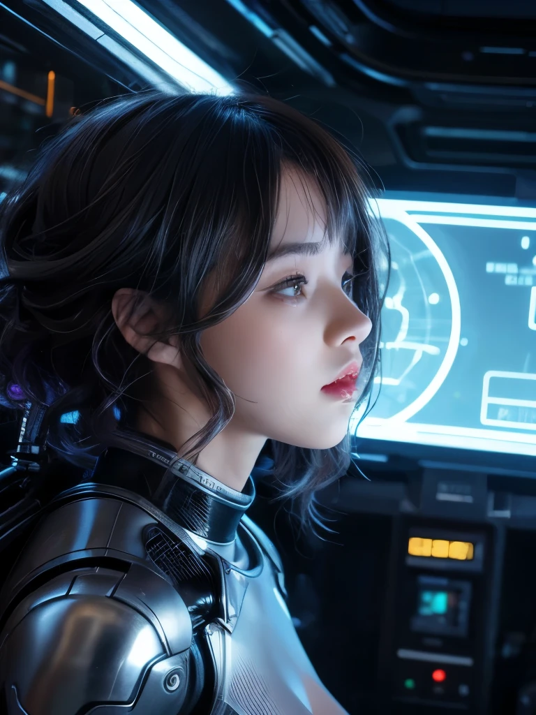 ((realistic)), ((best quality)), ((masterpiece)), (ultra details), 1girl, futuristic, cute face, k-pop idle IVE, short hair, curly hair, wearing パワードスーツ、mechanical, wearing futuristic clothing, in spaceship, looking away, science fiction, background cyber punk, background neon sign, steam punk, red nipples, yellow nipples, green nipples, (from side2), dynamic, Gorgeous,