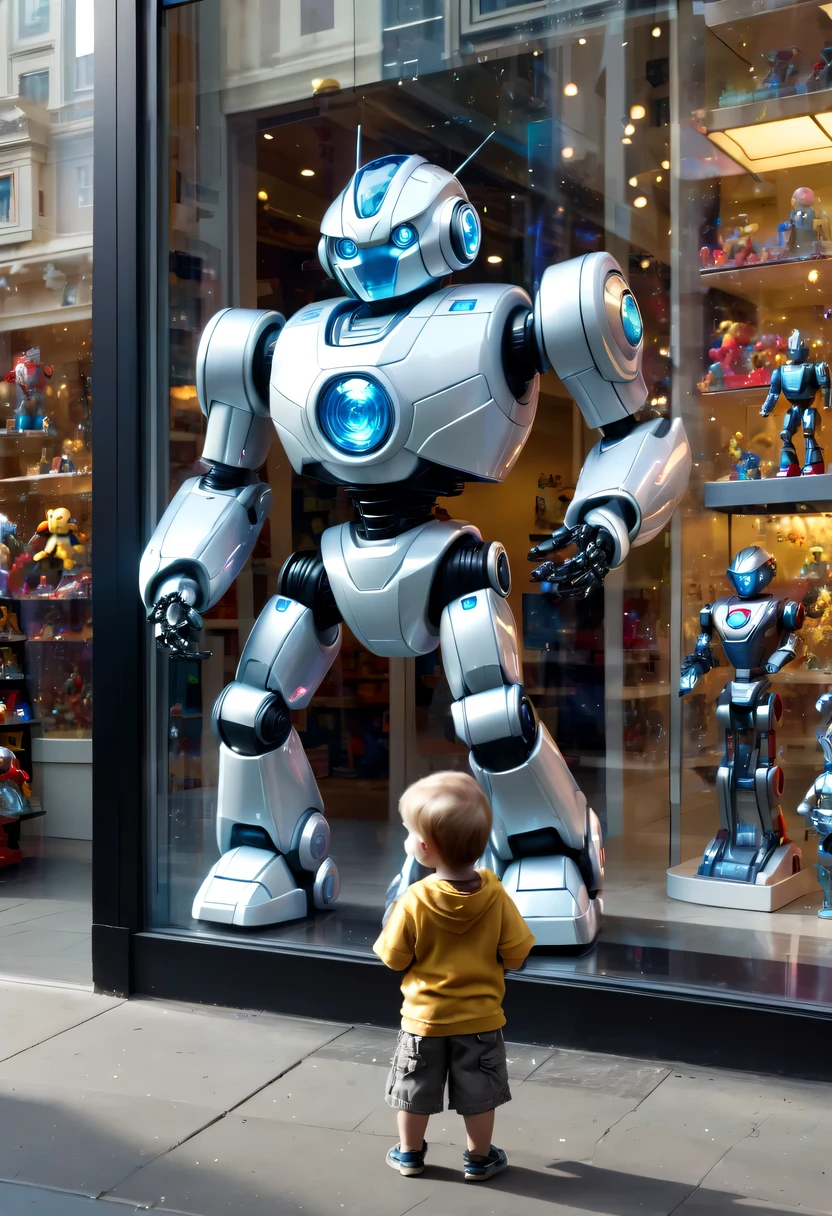  standing near toy store window，Looking at the crystal robot in the toy store window