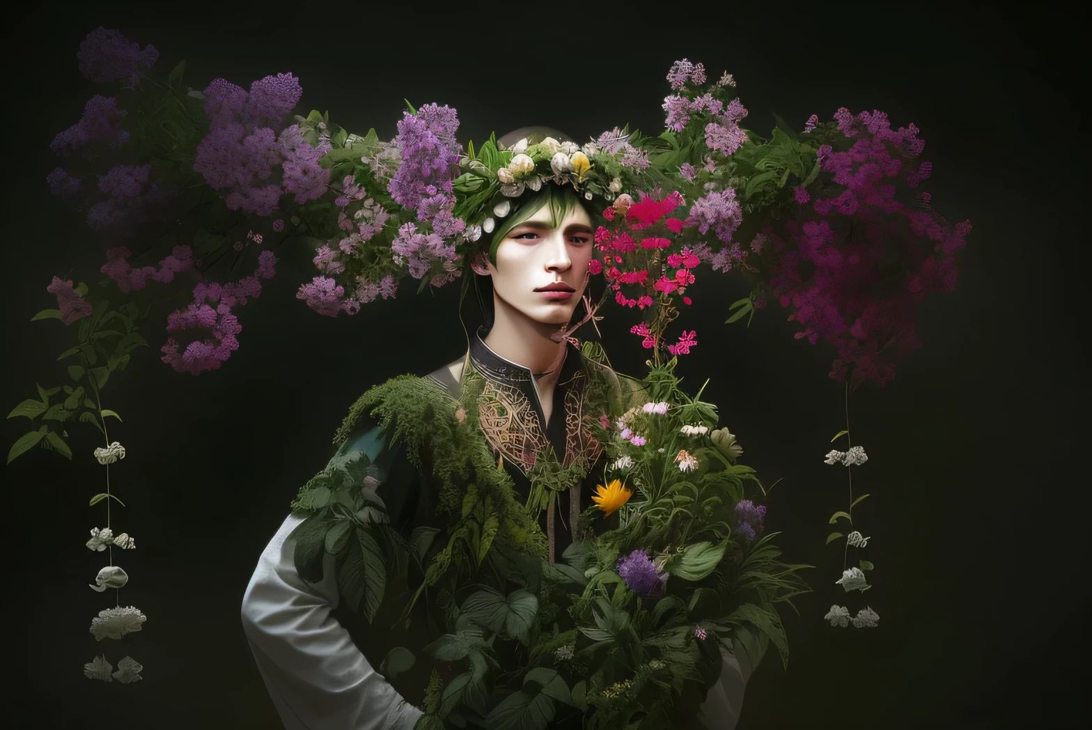 A man with black hair and greenish eyes adorned with a flower crown, with half of his face below the eyes painted white, lips and around the lips painted red—flower shaman, the non-binary deity of spring, covered in plants, surrounded by flowers, humanoid flora, humans covered by flowers, dark flower shaman, inspired by Konstantin Somov, art deco flower shaman, portrait of a flower storm, woman made of plants, Alexey Egorov