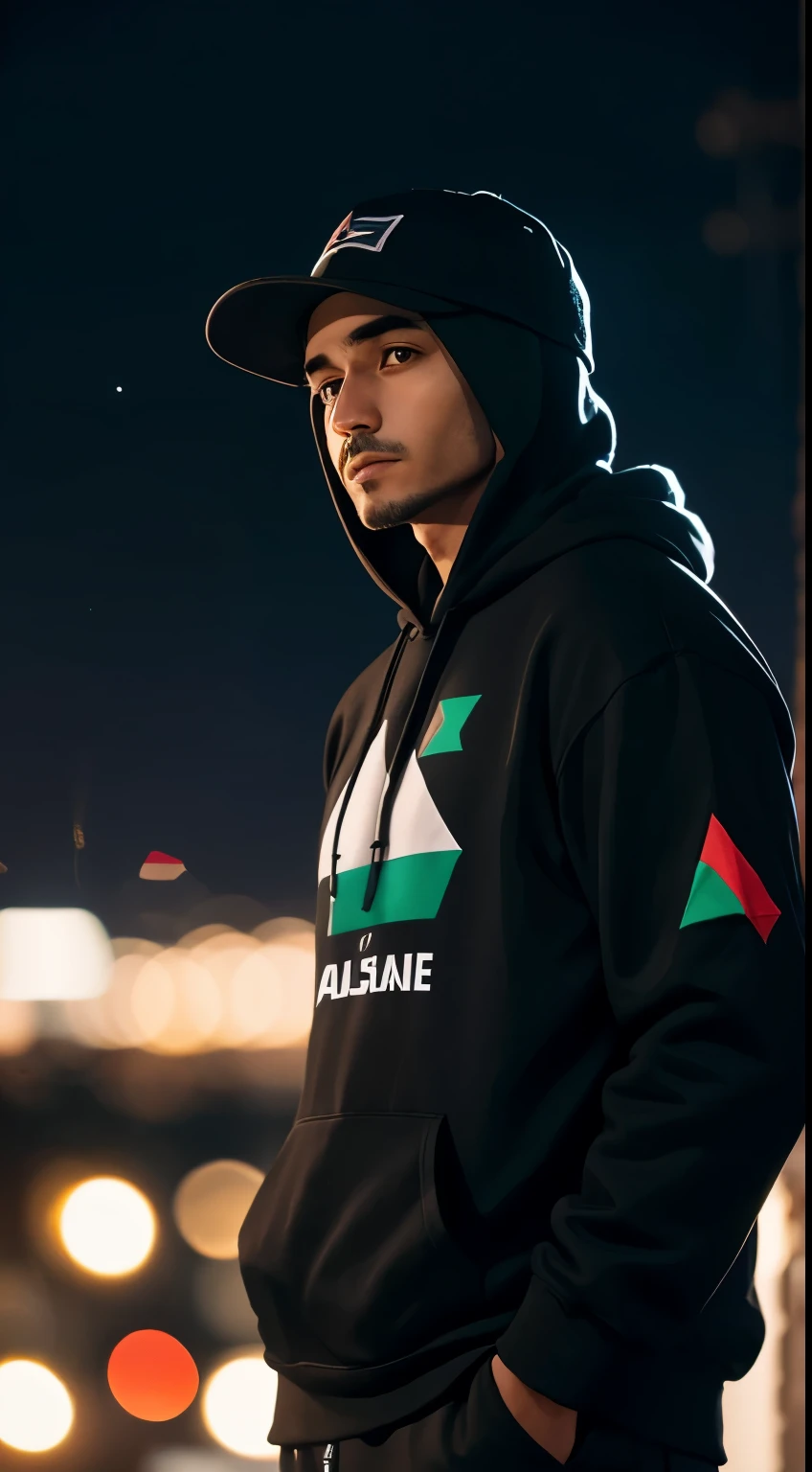 A man wearing a cap, hoodie, holding Palestine flag ,standing under a moonlight, 35mm, bokeh,