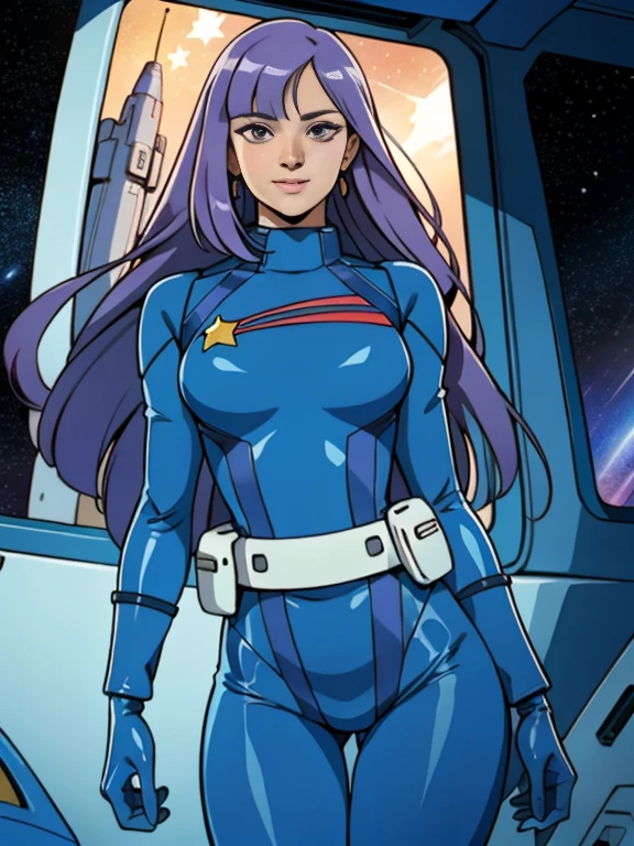 ((masterpiece,cg,best quality,highres)), good anatomy,extremely delicate and beautiful,(semi-realistic:1.5),detailed eyes,perfect face,beautiful face,1girl,solo,louka,blue pilot suit, long hair, purple hair, latex suit, white belt,star mark, light smile, facing viewer,,standing beside window, sexy, alluring, cowboy shot, curvy hips, thigh gap, inside spacecraft,galaxy,planet,glass,