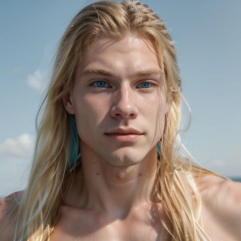 very close up shot of 18 year old Nordic man's face, (very handsome:1.1), (long flowing pale golden blond hair:1.3), (pale light-turquoise eyes), (very lean:1.2), clean-shaven, sharp jawline, youthful, olive skin, male