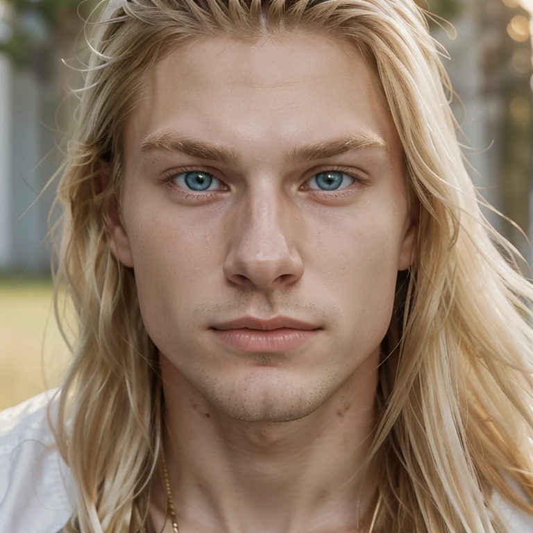 very close up shot of 18 year old Nordic man's face, (very handsome:1.1), (long flowing pale golden blond hair:1.3), (pale light-turquoise eyes), (very lean:1.2), clean-shaven, sharp jawline, youthful, olive skin, male