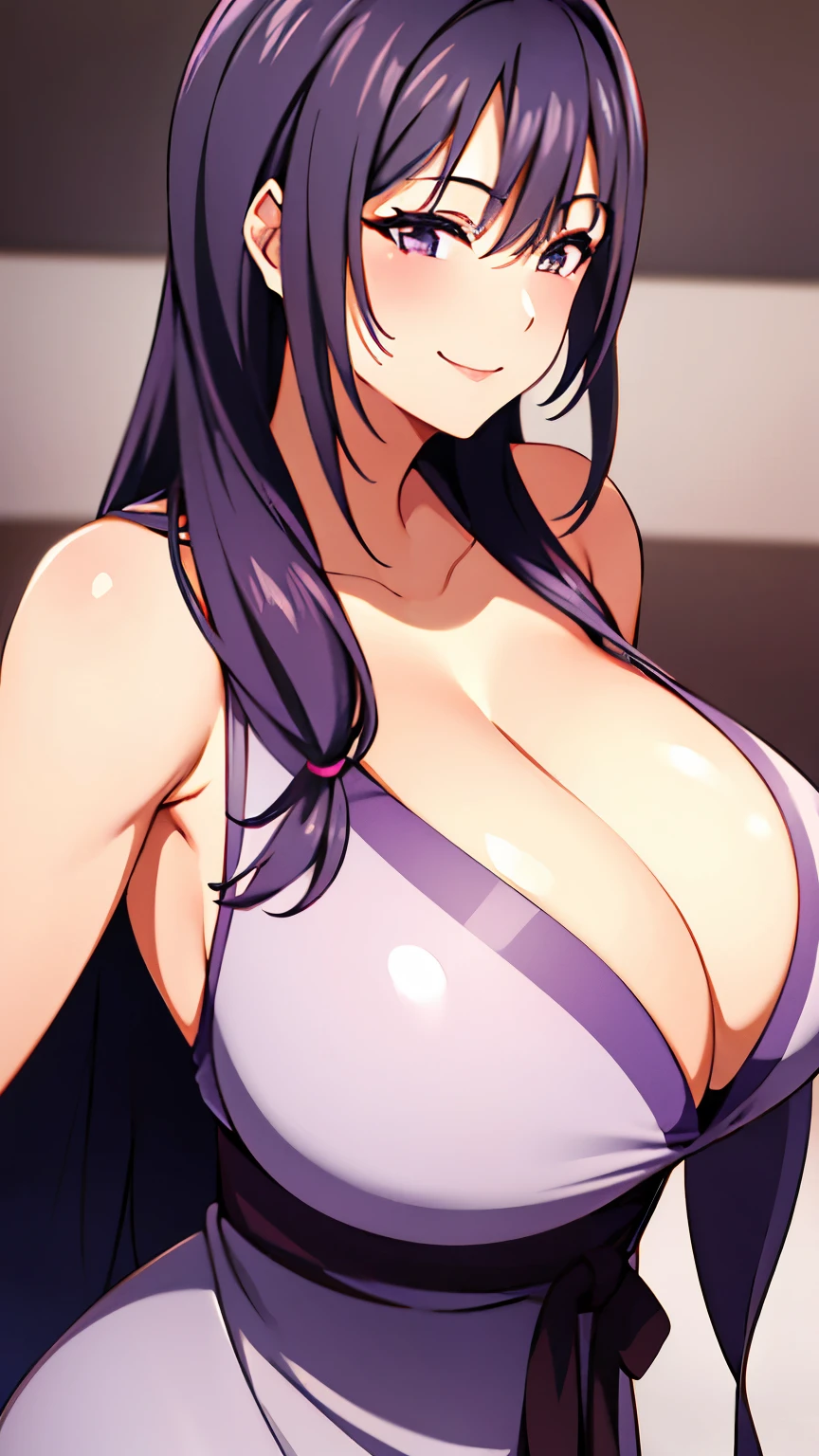 1 girl, purple slightly black hair, very big breasts, sexy body, smiling