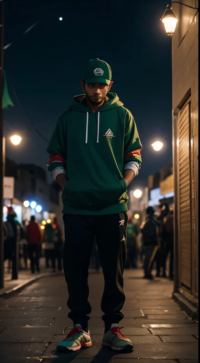 A man wearing a cap,  hoodie of, Palestine flag logo ,standing under a moonlight, 35mm, bokeh