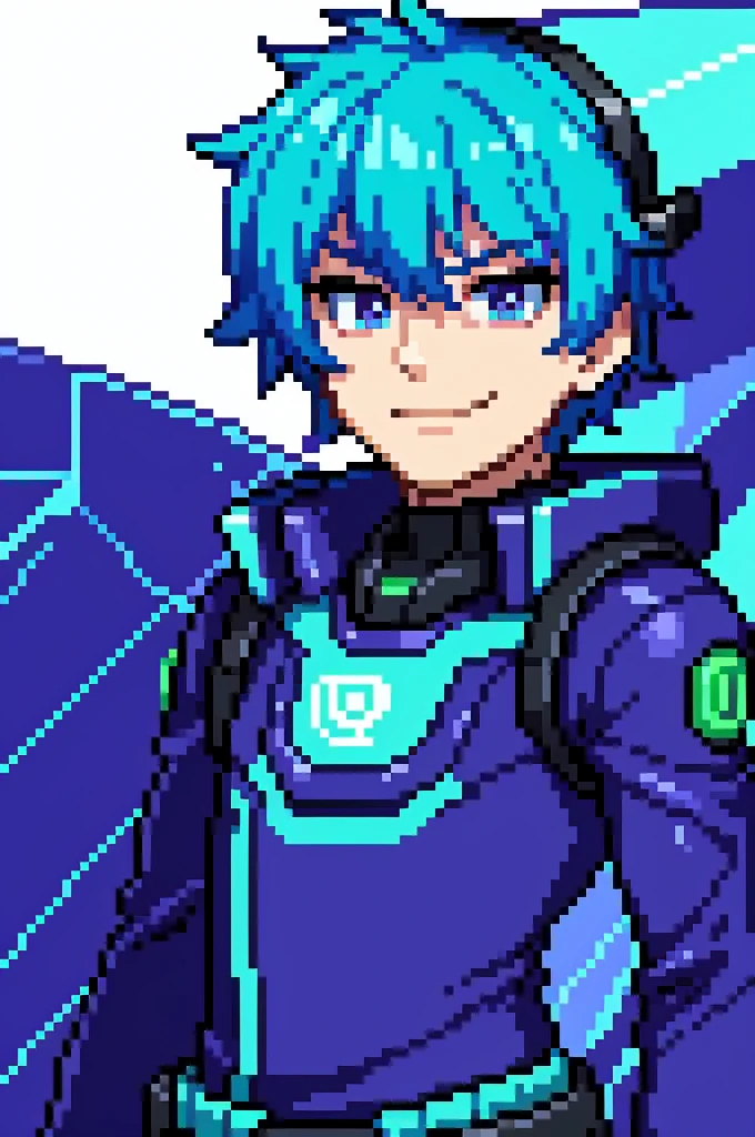 Sci fi boy facing viewer, wearnig VR gear, smirking, front view, purple, blue, green light, pixels around