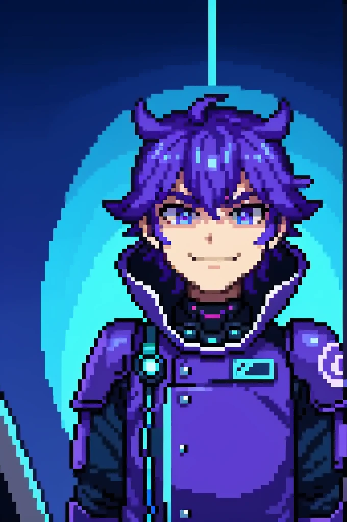 Sci fi boy facing viewer, wearnig VR gear, smirking, front view, purple, blue, green light, pixels around