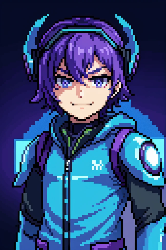 Sci fi boy facing viewer, wearnig VR gear, smirking, front view, purple, blue, green light, pixels around