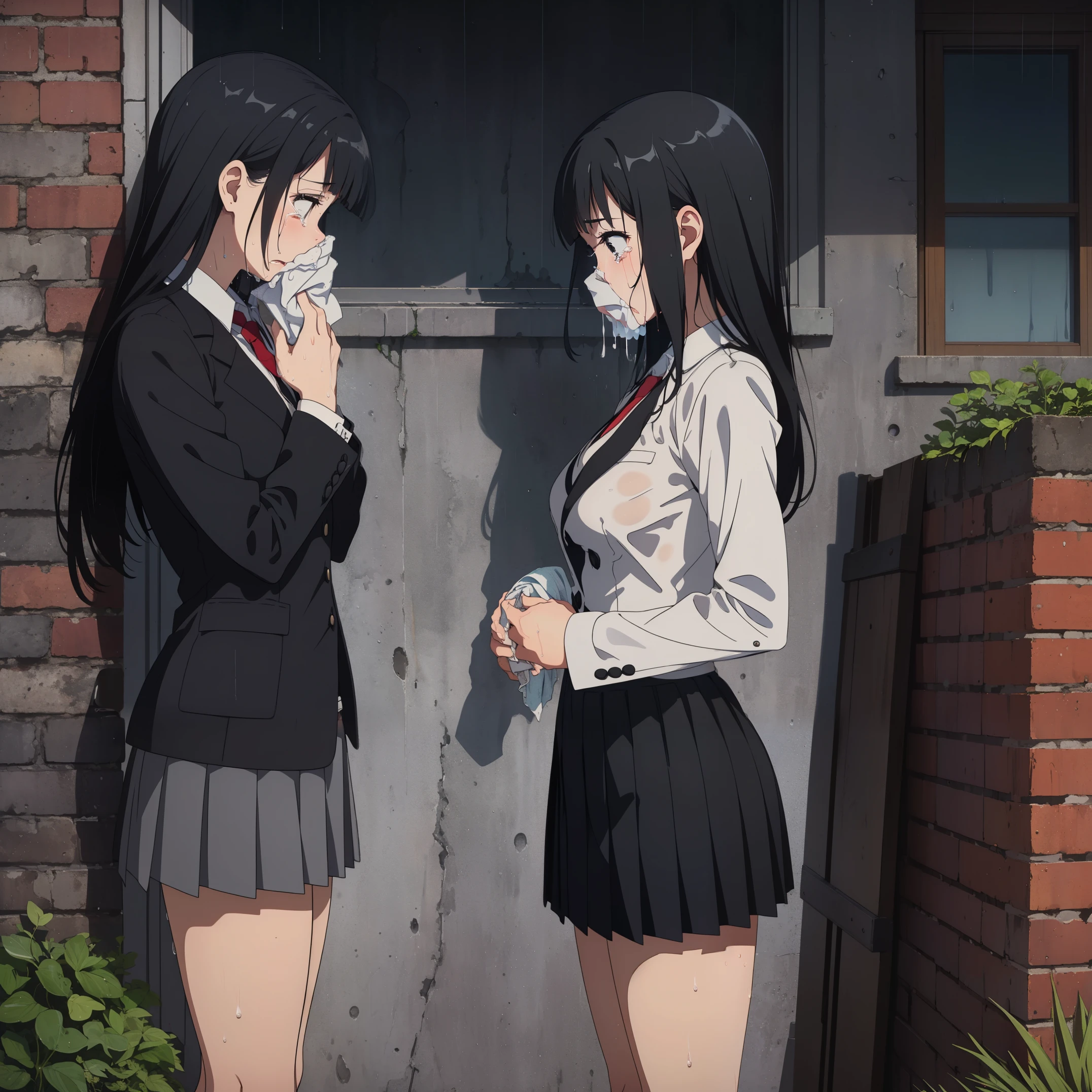 (Beautiful posture), 1Girl,slim,( thin, ((black short skirt with pleats)),(((short double-breasted jacket))), (black very short jacket),(fitted clothing) ,a white blouse, (red tie short) ,(Mary Jane shoes),long bangs on face, (straight black hair to waist)),gray eyes with a hint of purple, knee-deep portrait, sad, It&#39;s a nasty day, stands in the castle, ((emotion fear)), (sad face) ,(turns around) , (((wipes away tears with hands:1.4))) , ((Side view:1.4)), (oh wet clothes), (rain) 