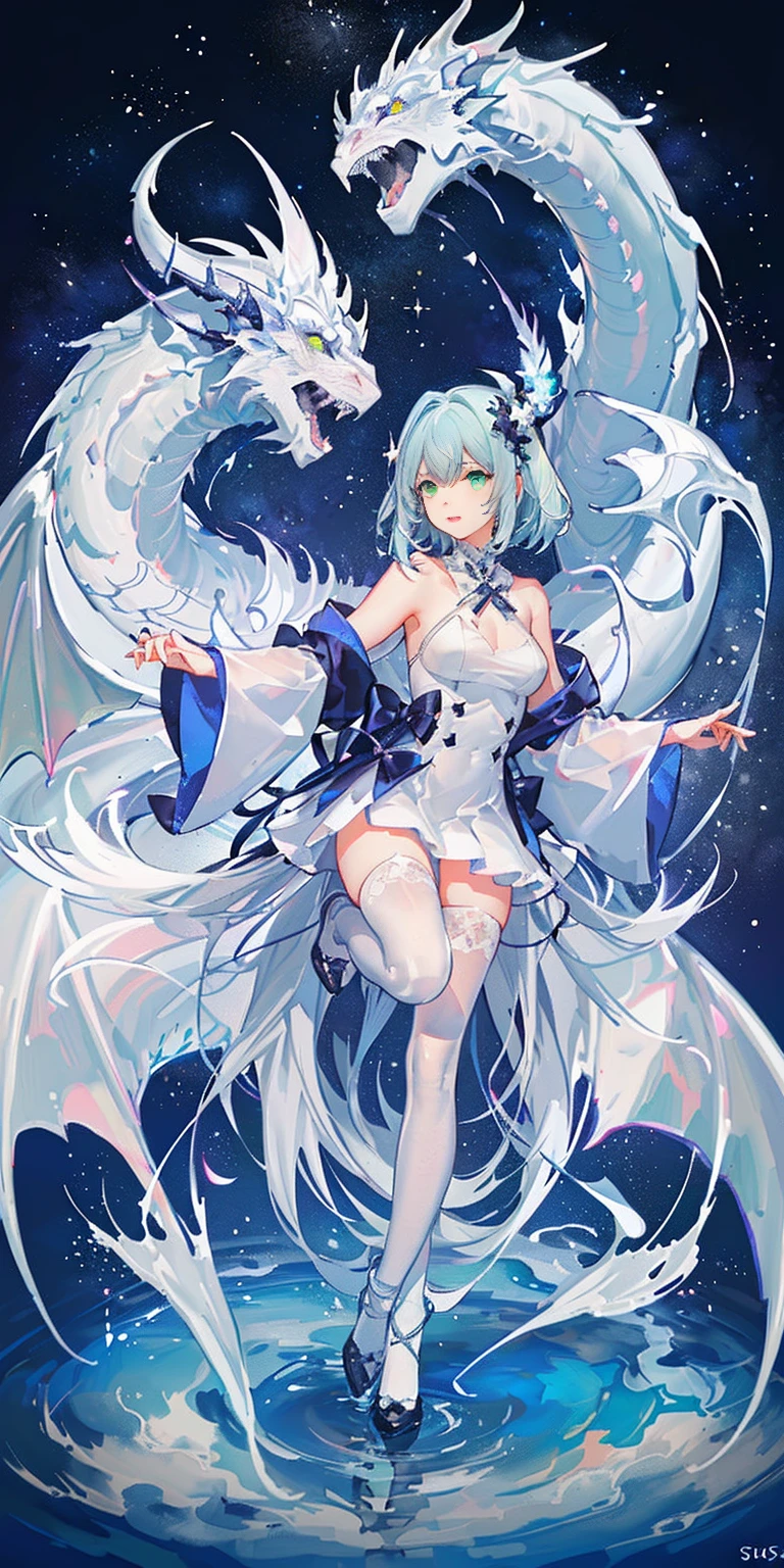 Bright cyan eyes, Long white hair, Green-eyed white dragon, s girl, Twinkling starry sky galaxy as background, gentle, White lace-trimmed stockings, Black leg ring, Silver white neck ring, estrus, orgasm, pink love eyes