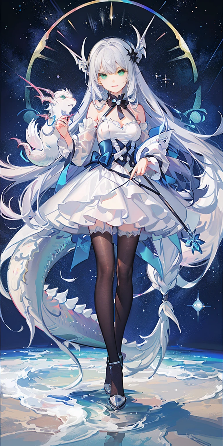 Bright cyan eyes, Long white hair, Green-eyed white dragon, teens girl, Twinkling starry sky galaxy as background, gentle, White lace-trimmed stockings, Black leg ring, Silver white neck ring, estrus, orgasm, pink love eyes