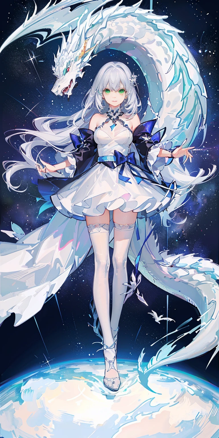 Bright cyan eyes, Long white hair, Green-eyed white dragon, teens girl, Twinkling starry sky galaxy as background, gentle, White lace-trimmed stockings, Black leg ring, Silver white neck ring, estrus, orgasm, pink love eyes