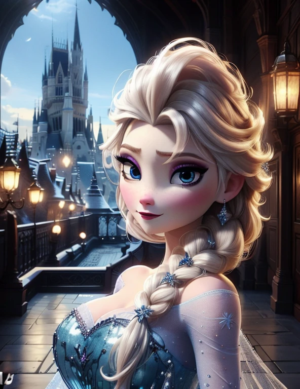 (seins clairs:1.2), Elsa,visage potelé,elaborate makeup,Détail du visage,rougir,fard à paupières violet, corps entier, arrière-plan, regardant d'un côté, elaborate dress,sexy dress,in wonderfull ice castle