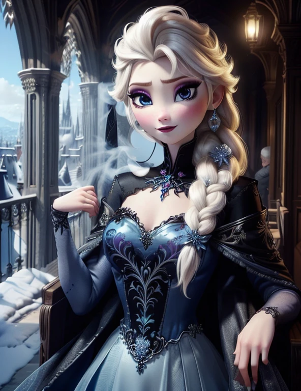 (seins clairs:1.2), Elsa,visage potelé,elaborate makeup,Détail du visage,rougir,fard à paupières violet, corps entier, arrière-plan, regardant d'un côté, elaborate dress,sexy dress,in wonderfull ice castle
