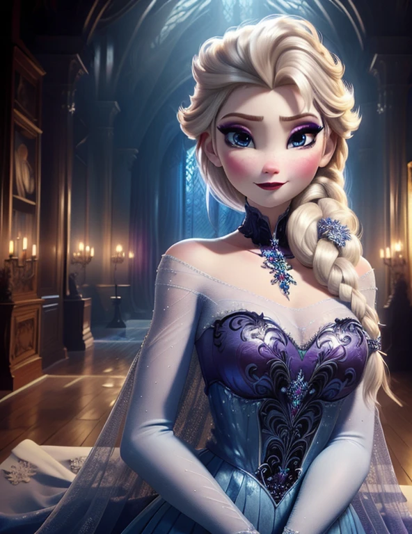 (seins clairs:1.2), Elsa,visage potelé,elaborate makeup,Détail du visage,rougir,fard à paupières violet, corps entier, arrière-plan, regardant d'un côté, elaborate dress,sexy dress,in wonderfull ice castle