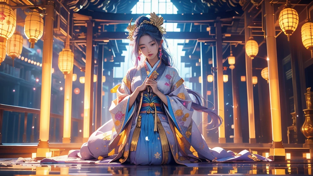 Depict a visually stunning, high-resolution scene depicting a stunning woman dressed in a white and lavender kimono, adorned with bells in her hair. She holds a wooden crozier with a golden top vibrating in shades of yellow and light blue, while immersed in a majestic setting of a lush temple.