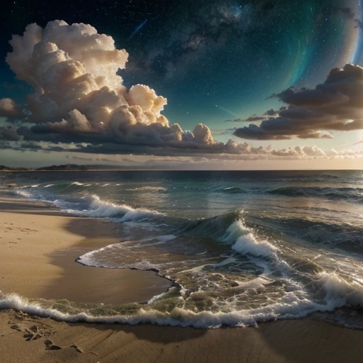 a world where colors dance and swirl in the sky, creating a symphony of hues and tones, taupe, ivory, white, beige, and soft sage color scheme the cosmic sky