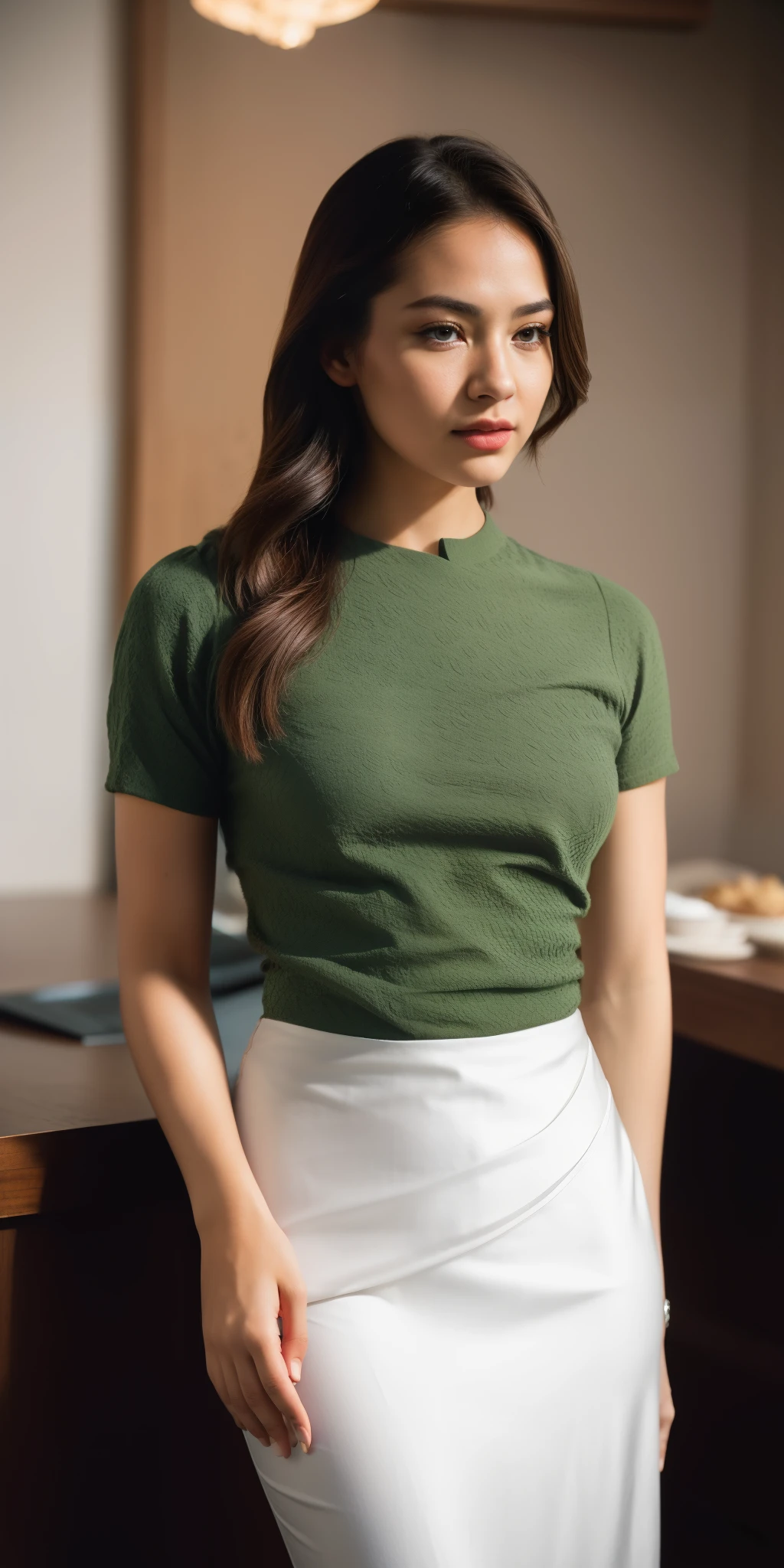 beautiful young woman, elegant clothes, ((wearing acmm outfit1.3)), wearing white acmm top, short sleeves white acmm top, buttons, wearing acmm long skirt, white and green printed acmm long skirt, , ((slim, petite)), photo modell, photorealistic, photo, cinematic lighting, masterpiece, realistic, realism, photorealism, high contrast, photorealistic digital art trending on Artstation 8k HD high definition detailed realistic, detailed, skin texture, hyper detailed, realistic skin texture, armature, best quality, ultra high res, (photorealistic:1.4),, high resolution, detailed, raw photo, sharp re, by lee jeffries nikon d850 film stock photograph 4 kodak portra 400 camera f1.6 lens rich colors hyper realistic lifelike texture dramatic lighting unrealengine trending on artstation cinestill 800,