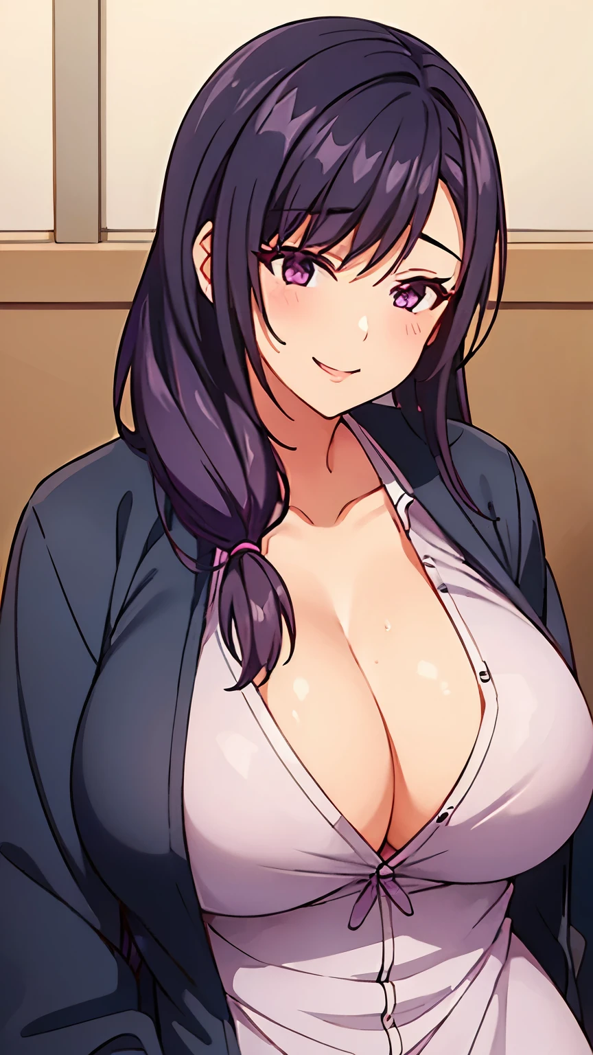 1 girl, purple slightly black hair, very big breasts, sexy body, smiling, wearing a bra covered by a jacket that is not zipped 