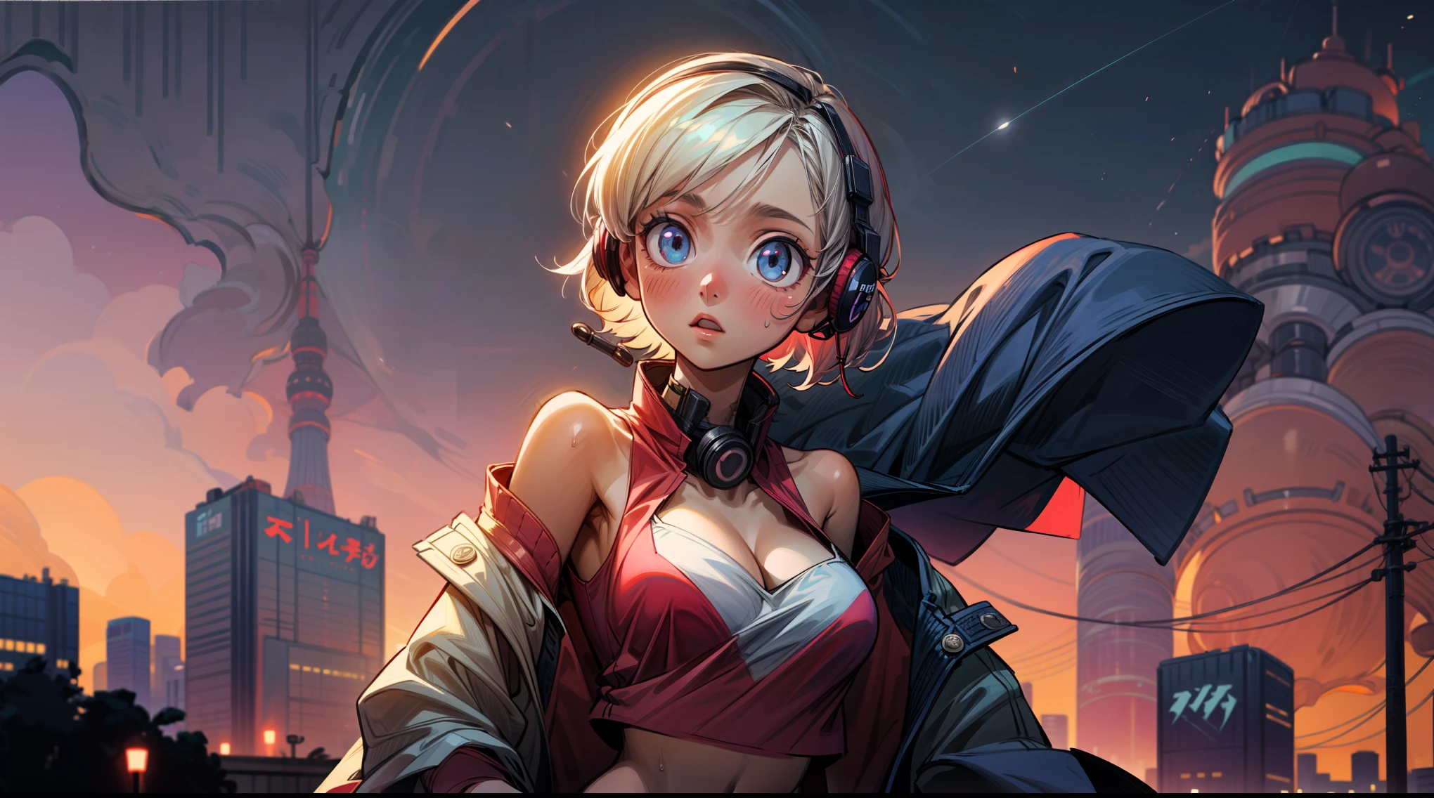 sexy anime 1girl ,headphone, glowing skin , beautiful background , beautiful sky, aesthetic ,vanilla ,night ,cleavage, tokyo city ,swimsuit