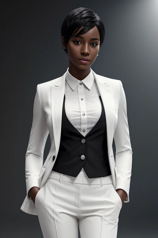White suit、office, (Image background), dark-skinned girl black,black iggy short white hair、born, photo-realistic, ultra-realistic, masterpiece, highest quality, Ultra-high resolution textures, Very rich detail textures, HDR, 8K UHD,