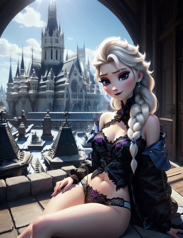 (seins clairs:1.2), Elsa,visage potelé,elaborate makeup,Détail du visage,rougir,fard à paupières violet, corps entier, arrière-plan detailé, regardant the side;un côté, elaborate underwear,only underwear,in wonderfull ice castle