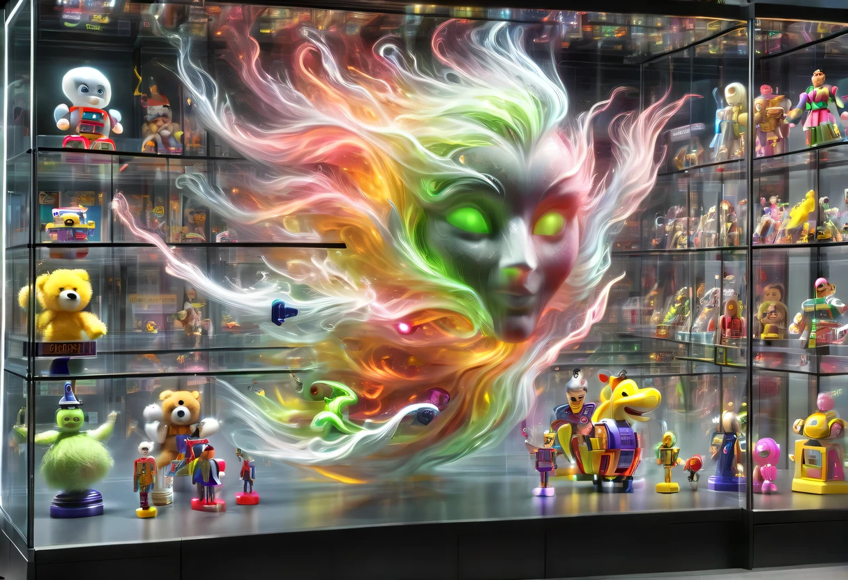 (toy store window:1.5),魔法toy store window里渗出一股神奇的魔法能量,Energy transformed into transparent face,(Toy racks are neatly arranged in the glass showcase:1.6),The magical face floating outside the window,(There are many toys in the toy display window:1.3),locked in window,trapped in toys,Transparent face hidden in the window,Surreal fairy tale fantasy,Epic fairy tale fantasy,Gothic magic toys，hyper detailed masterpiece, Dynamic, good quality,Giant geothermal gliderDonM3l3m3nt4lXL,