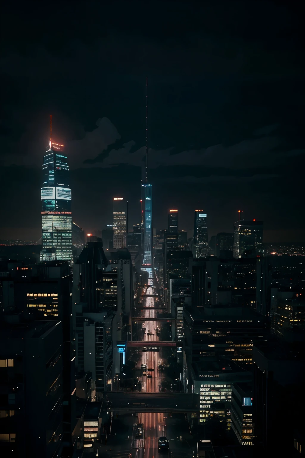 cinematic, film by Steven Spielberg, Establishing shot of the city skyline - Show a calm and serene cityscape to create contrast with what is about to happen. cyberpunk, --ar 2:1