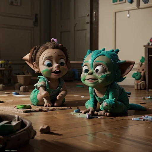 cute clay many baby gremlins play around causes the room to be very messy in an overall pattern, the faces of the gremlins are covered in paint, cartoon and claymation style, unreal engine render, 8k, intricate details