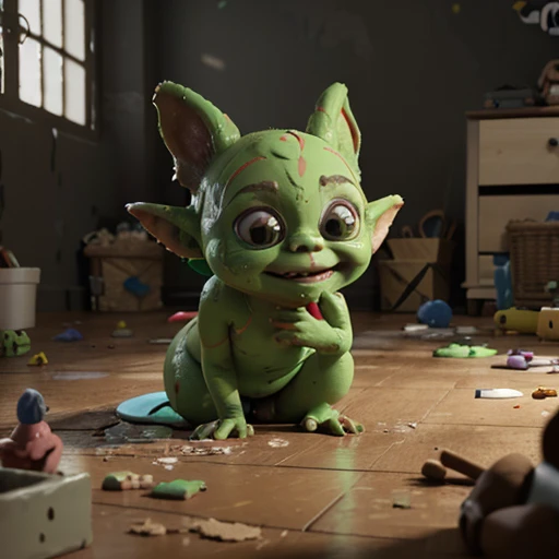 cute clay many  gremlins play around causes the room to be very messy in an overall pattern, the faces of the gremlins are covered in paint, cartoon and claymation style, unreal engine render, 8k, intricate details