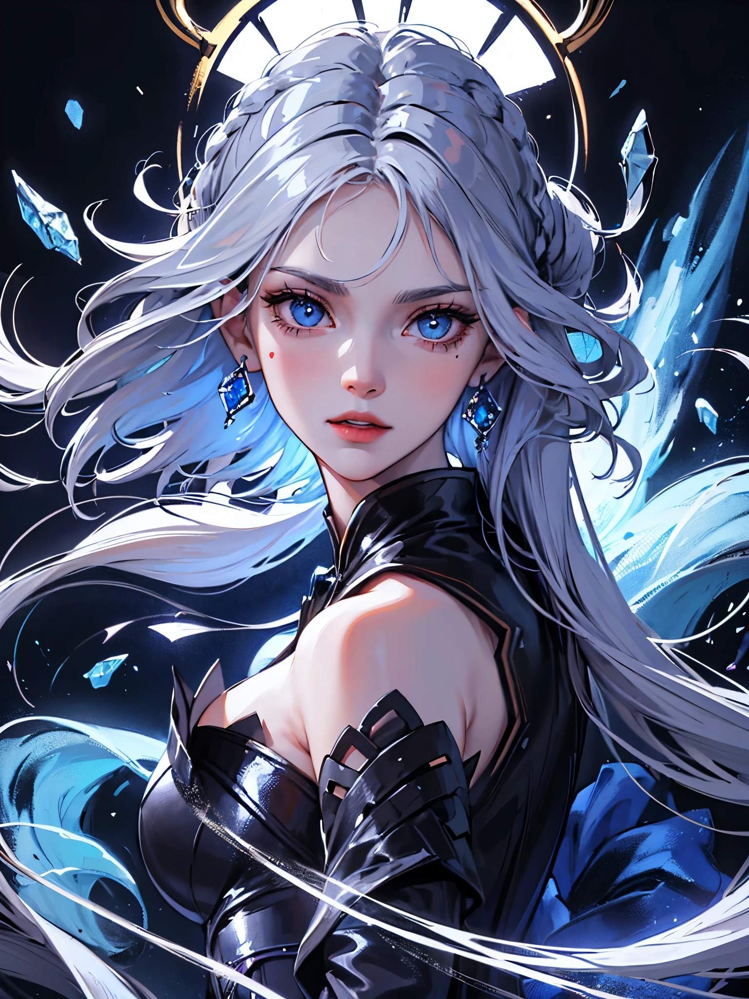 (masterpiece, best quality, ultra-detailed, best shadow), (detailed background,dark fantasy), (beautiful detailed face), high contrast, (best illumination, an extremely delicate and beautiful), ((cinematic light)), colorful, hyper detail, dramatic light, intricate details, (1lady, mature woman, solo, very long hair braided, White hair, sharp face, blue eyes eyes, hair between eyes,dynamic angle), blood splatter, swirling black light around the character, depth of field,black light particles,(broken glass),magic circle, earrings