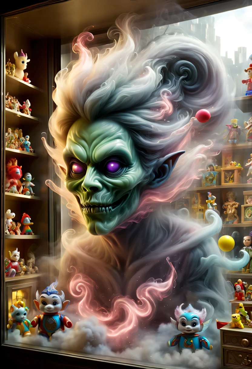 (toy store window:1.5),魔法toy store window里渗出一股神奇的魔法能量烟雾,Energy smoke transforms into a transparent demonic face,(Toy racks are neatly arranged in the glass showcase:1.4),demon's’s face floating outside the window,locked in window,trapped in toys,Transparent face hidden in the window,Surreal fairy tale fantasy,Epic fairy tale fantasy,Gothic magic toys,hyper detailed masterpiece, Dynamic, good quality,Giant geothermal gliderDonM3l3m3nt4lXL,